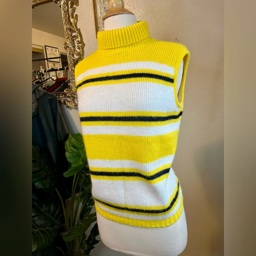 Vintage 60s Elmar Yellow Striped Turtleneck Knit Sweater Vest Small Sunshine - Picture 2 of 6